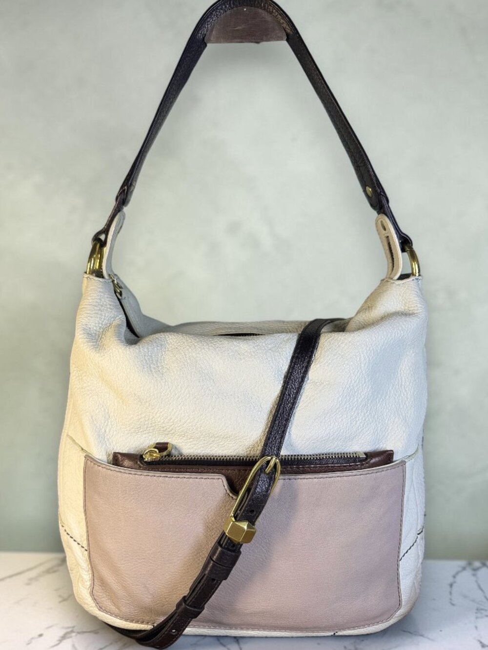 orYANY Adele Mint Green and Gray Pebbled Leather Colorblock Shoulder Hobo Bag